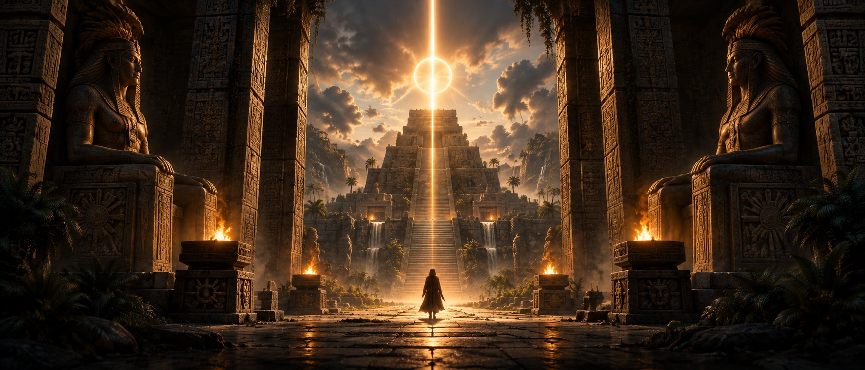 A temple threshold framed by colossal guardians, with a distant pyramid sending a column of light into the sky.